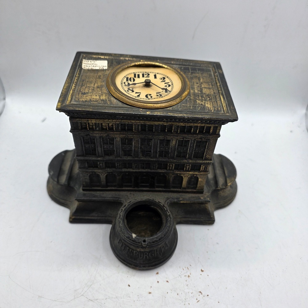 Antique Pittsburgh Vanadium Building Desk Clock Inkwell Westclox Architectural